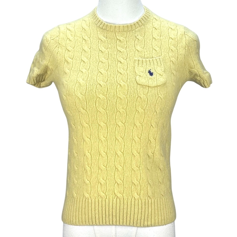 Polo Ralph Lauren Cable Knit Sweater Short Sleeve Yellow Cashmere Wool 90s Sz S